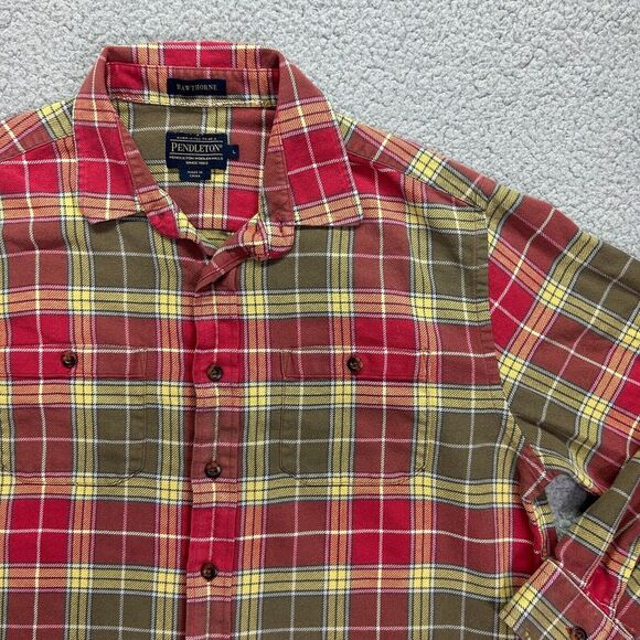 Pendelton Hawthorne Mens Flannel Elbow Patches Red Green Plaid Size Large - Picture 2 of 4